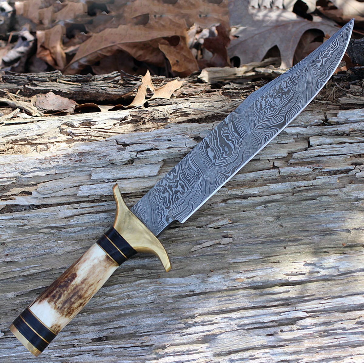 Damascus 1033 Iron Maiden Bowie, 9" Damascus Plain Blade, Round Stag Handle - Image 2