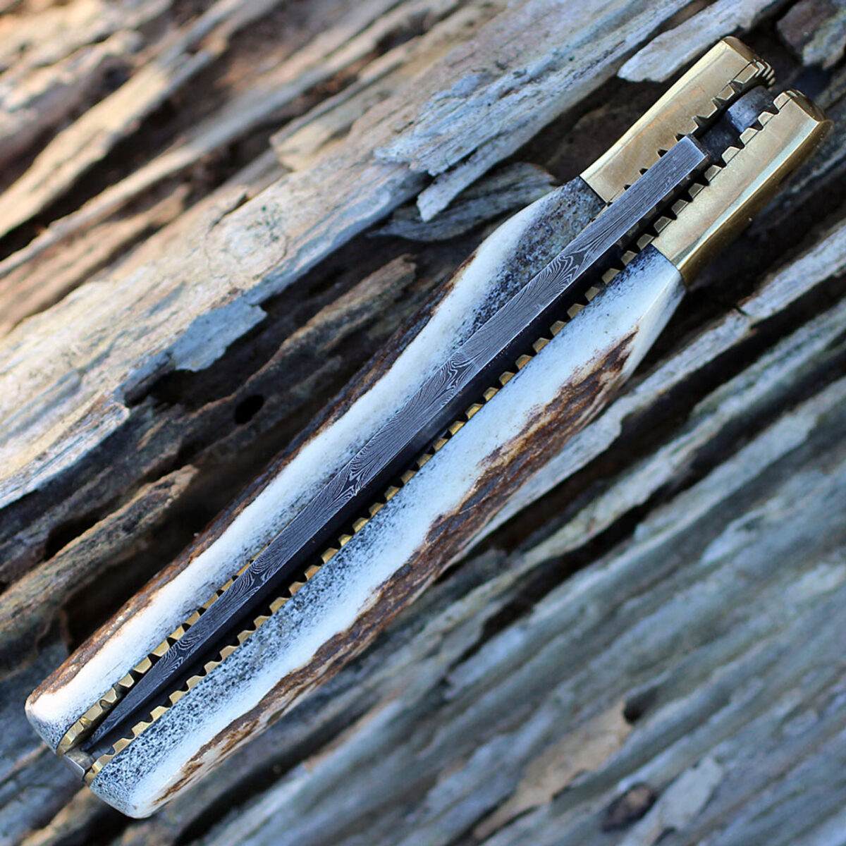 Damascus 1087 Folder, 3" Damascus Plain Blade, Stag Handle - Image 2