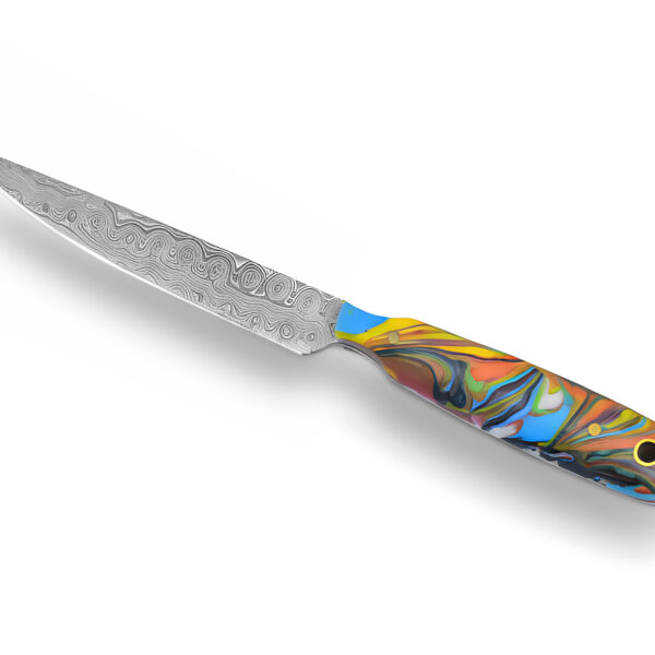 Handcrafted Damascus Steel Knife Artisan chef’s knife with a unique patterned blade and vibrant handle