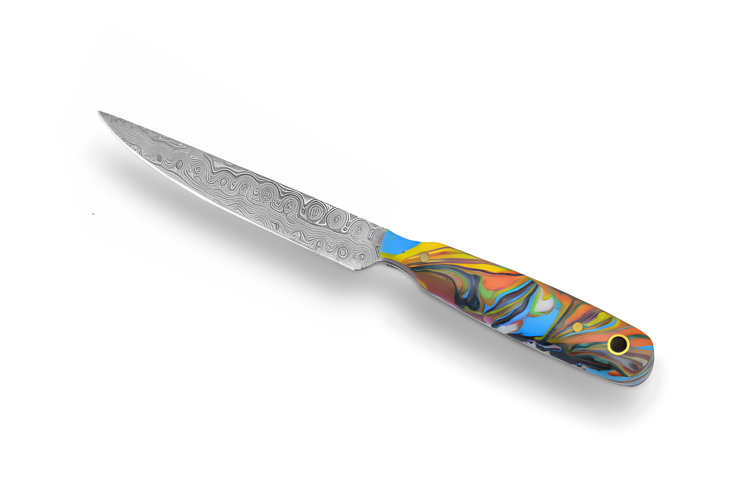 01 Handcrafted Damascus Steel Knife Artisan chef’s knife with a unique patterned blade and vibrant handle - Image 1